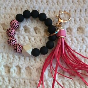 Pink and Black Beaded Leopard-print Keychain with Tassel